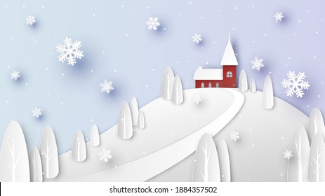 A lonely red house on the hill with snow falling in Winter. Winter landscape. paper cut and craft style. vector, illustration.