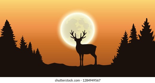 lonely reindeer in forest at full moon and orange sky vector illustration EPS10
