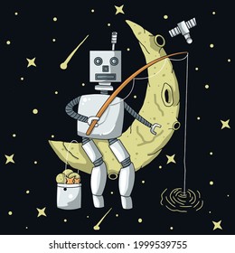 Lonely robot fishing on the moon illustration