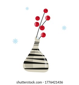 Lonely rowan branch in a vase.
Autumn minimalistic composition.
Snowflakes fall on a vase with mountain ash.
Vector isolated illustration.