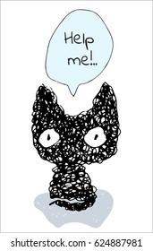 Lonely sad black Cat. Kitten with speech bubble. Help animal. White background Isolated vector illustration  for pet shelter, adoption and social advertising.