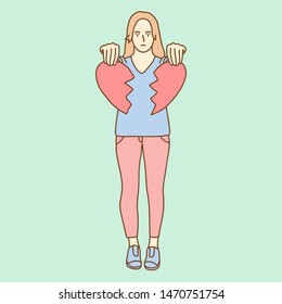 Lonely sad girl with broken heart, vector illustration.