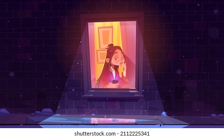 Muchacha solitaria y triste sentada sola en la ventana con una llamada de espera para smartphones, calle de invierno nocturna afuera vista con copos de nieve cayendo y reflexión en charco congelado. Ilustración vectorial de dibujos animados de mujer infeliz