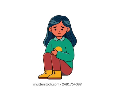 Lonely and sad little girl crying.  Hand drawn style vector design illustrations.