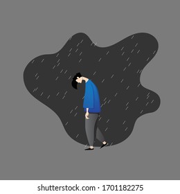 Lonely Sad Person Walking In The Rain Vector Illustration Design. Mood Swing. Unhappy Person Walking Alone.