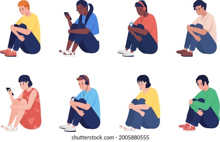 Lonely sad teenager semi flat color vector character set. Sitting figure. Full body people on white. Teen issues isolated modern cartoon style illustration for graphic design and animation collection