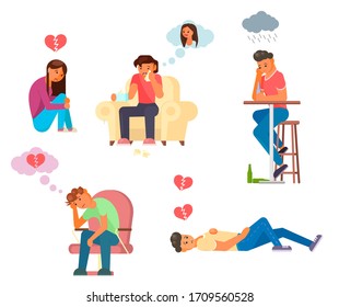 Lonely sad unhappy male and female cartoon characters with broken hearts, vector flat isolated illustration. Unhappy love relatioship concept for poster, banner etc.