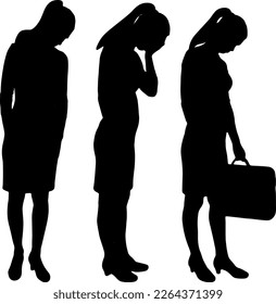 Lonely sad woman standing, she experiences depression, stress, sadness and dismissal. The concept of dismissal, depression, stress and sadness. Vector Silhouette set