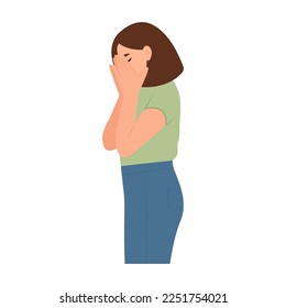 Lonely sad young girl cries covering her face with her hands. Weeping woman emotions grief, sorrow, sadness. Mental disorder or illness concept. Vector illustration