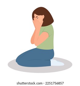 Lonely sad young girl cries covering her face with her hands. Sorrow and grief. The concept of mental disorder, sadness and depression. Vector illustration