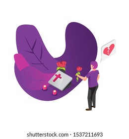 Lonely, Sad, Young person standing by a gravestone. Vector isometric illustration.
