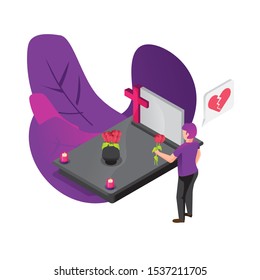 Lonely, Sad, Young person standing by a gravestone. Vector isometric illustration.