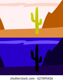 Lonely saguaro cactus in the desert, day and night view, vector