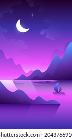 Lonely sailboat floats through the fjords. Vertical illustration of night seascape.