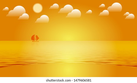 lonely sailing ship among small waves in the ocean under the sky with a sun and clouds. art wallpaper. vector image