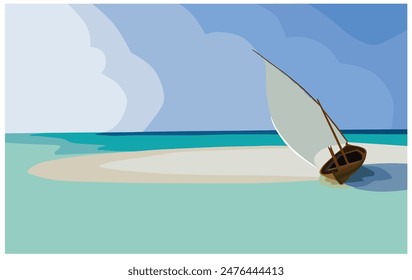 A lonely sailing ship on a deserted island.