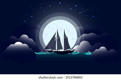 A lonely sailing yacht against the background of the full moon. Vector illustration.