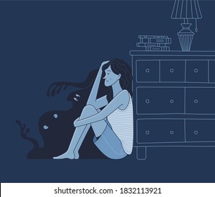 Lonely scared young woman sitting on floor near chest of drawer and silhouettes of angry shadow monsters in dark room. Cartoon phobia and psychotherapy concept. Vector flat frightened female character