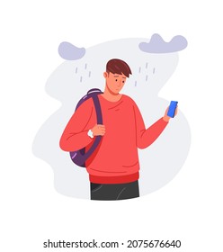 Lonely schoolboy. Anxiety boy with phone, vector isolated on white background