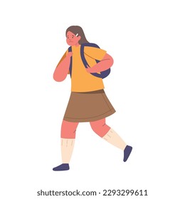 Lonely Schoolgirl Character Walk To School With Heavy Bag. Her Face Shows Sadness And Disappointment Vector Illustration