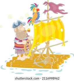 Lonely Sea Rover Floating On A Wooden Raft With A Steering Wheel, A Shabby Sail And A Tattered Flag After Shipwreck, Vector Cartoon Illustration Isolated On A White Background