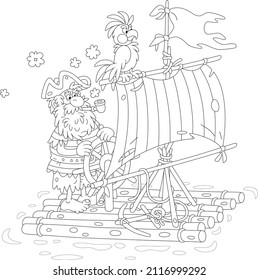 Lonely Sea Rover Floating On A Wooden Raft With A Steering Wheel, A Shabby Sail And A Tattered Flag After Shipwreck, Black And White Vector Cartoon Illustration For A Coloring Book