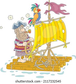 Lonely Sea Rover Floating On A Wooden Raft With A Steering Wheel, A Shabby Sail And A Tattered Flag After Shipwreck, Vector Cartoon Illustration Isolated On A White Background