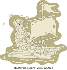 Lonely sea rover floating on a wooden raft with a steering wheel, a shabby sail and a tattered flag after shipwreck, vector cartoon illustration isolated on a white background