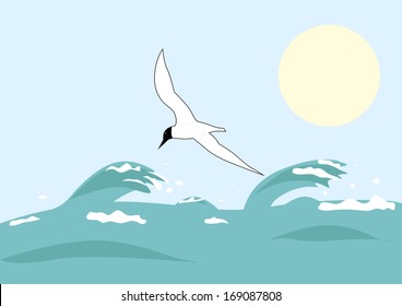 Lonely seagull over sea waves. vector illustration