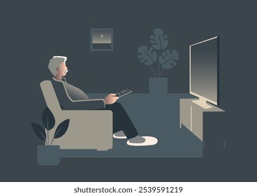 Lonely senior man in living room wathcing TV, siiting on armchair. Old grandfather relaxed but depressed, without relatives, disconnected from the world. Vector, flat, minimalistic, blue illustration