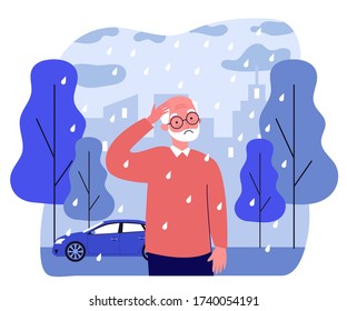 Lonely senior man walking in rain. Sad grey haired character outside, city, autumn flat vector illustration. Loneliness, retirement, old age concept for banner, website design or landing web page