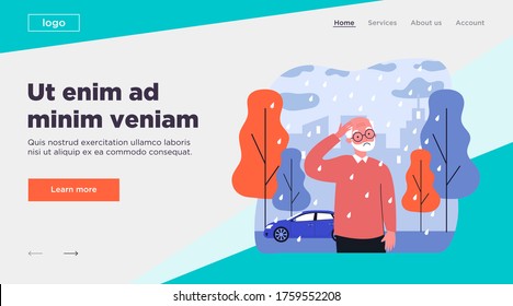 Lonely senior man walking in rain. Sad grey haired character outside, city, autumn flat vector illustration. Loneliness, retirement, old age concept for banner, website design or landing web page