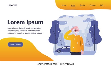 Lonely senior man walking in rain. Sad grey haired character outside, city, autumn flat vector illustration. Loneliness, retirement, old age concept for banner, website design or landing web page