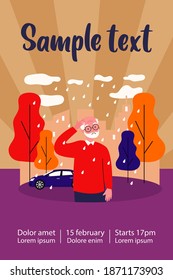 Lonely senior man walking in rain. Sad grey haired character outside, city, autumn flat vector illustration. Loneliness, retirement, old age concept for banner, website design or landing web page