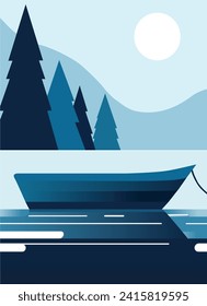 A lonely ship. Minimalistic pastel landscape. Nature
