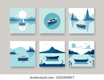 A lonely ship poster set. Minimalistic pastel landscape. Nature