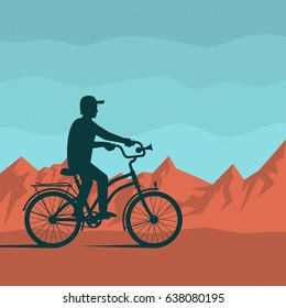 Lonely silhouette of a cyclist on a background of red mountains and blue sky. Vector illustration in retro style. Dots on separate layer, and easily deactivated.