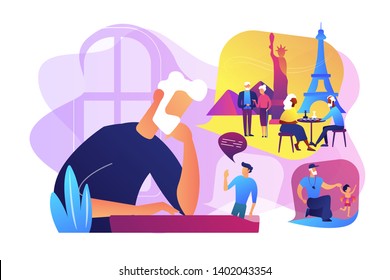 Lonely single grandfather suffering from depression, sadness. Social isolation, old people loneliness, isolation among the elderly concept. Bright vibrant violet vector isolated illustration