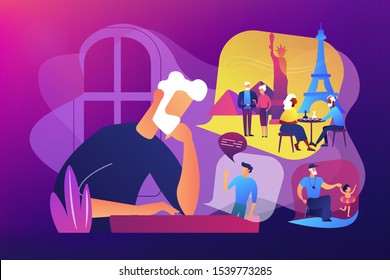 Lonely single grandfather suffering from depression, sadness. Social isolation, old people loneliness, isolation among the elderly concept. Bright vibrant violet vector isolated illustration