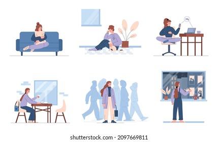 Lonely and single woman walks alone, waters plants, reads in cafe - flat vector illustration on white background. Set of mental problem scenes, person with depression and social anxiety.