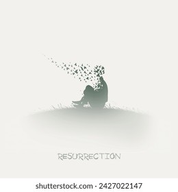 Lonely sitting man. Death, afterlife. Flying bird. Isolated silhouette