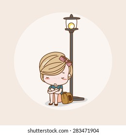 Lonely Sitting On Street Girl / Lady / Woman Isolated Vector / Image / Illustration / Drawing / Cartoon / Animation