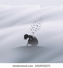 Lonely sitting woman in foggy clouds. Death and afterlife. Flying bird