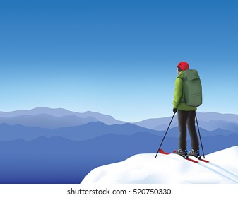 Lonely skier high in the snowy mountains
