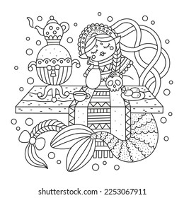 Lonely slavic mermaid having dinner. Traditional clothes and enviroment. Funny sea creature. Cute sad fish girl. Fairy tale. Coloring page for kids. Cartoon vector illustration. Isolated on white
