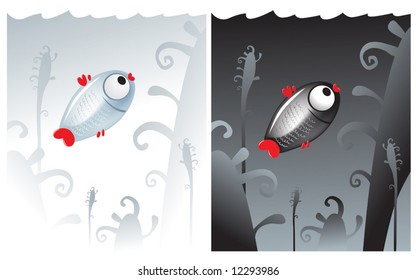 Lonely small black fish on black and white fish on white. Two backgrounds.