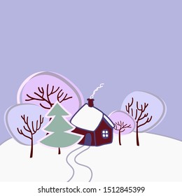 Lonely small house with the trees, smoke coming from the chimney, lots of snow around, on a cold winter day, vector illustration