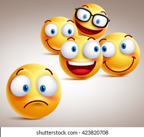 Lonely smiley face vector character concept with group of funny faces of friends at the back. 3D realistic vector illustration
