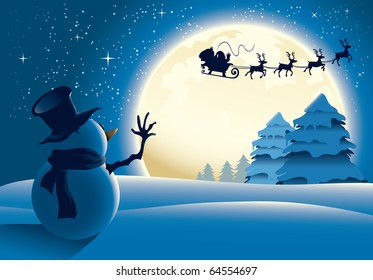 A lonely snowman waving to santa in a distance, full moon background. The file is layered for easier editing.