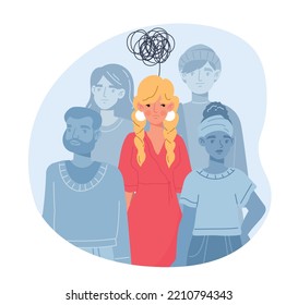 Lonely in society. Young girl stands out against background of gray crowd. Psychological problems and mental health, negative emotions and feelings, depression. Cartoon flat vector illustration